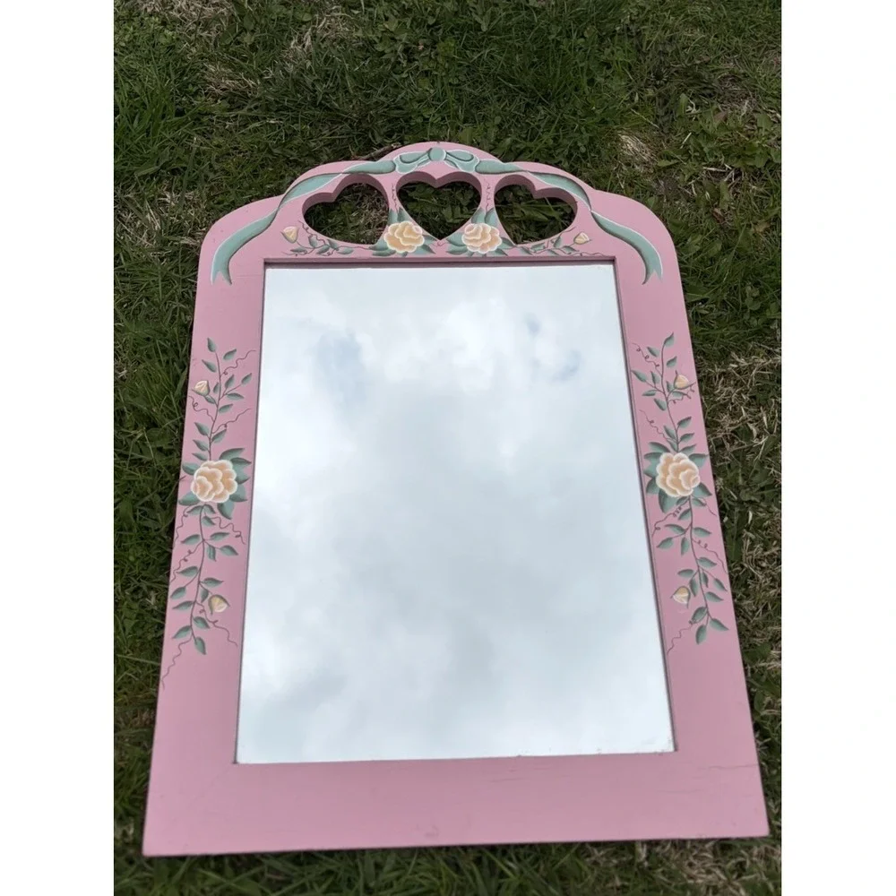 Vintage Pink Heart Hand Painted Floral Wall Mirror Cottage Granny Core 20x14.5